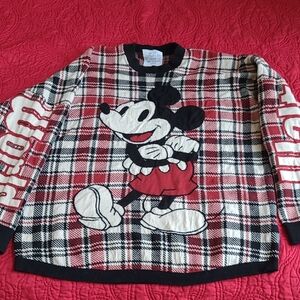 Walt Disney Workd SPIRIT JERSEY red plaid Mickey Mouse Sweater. Size Sm